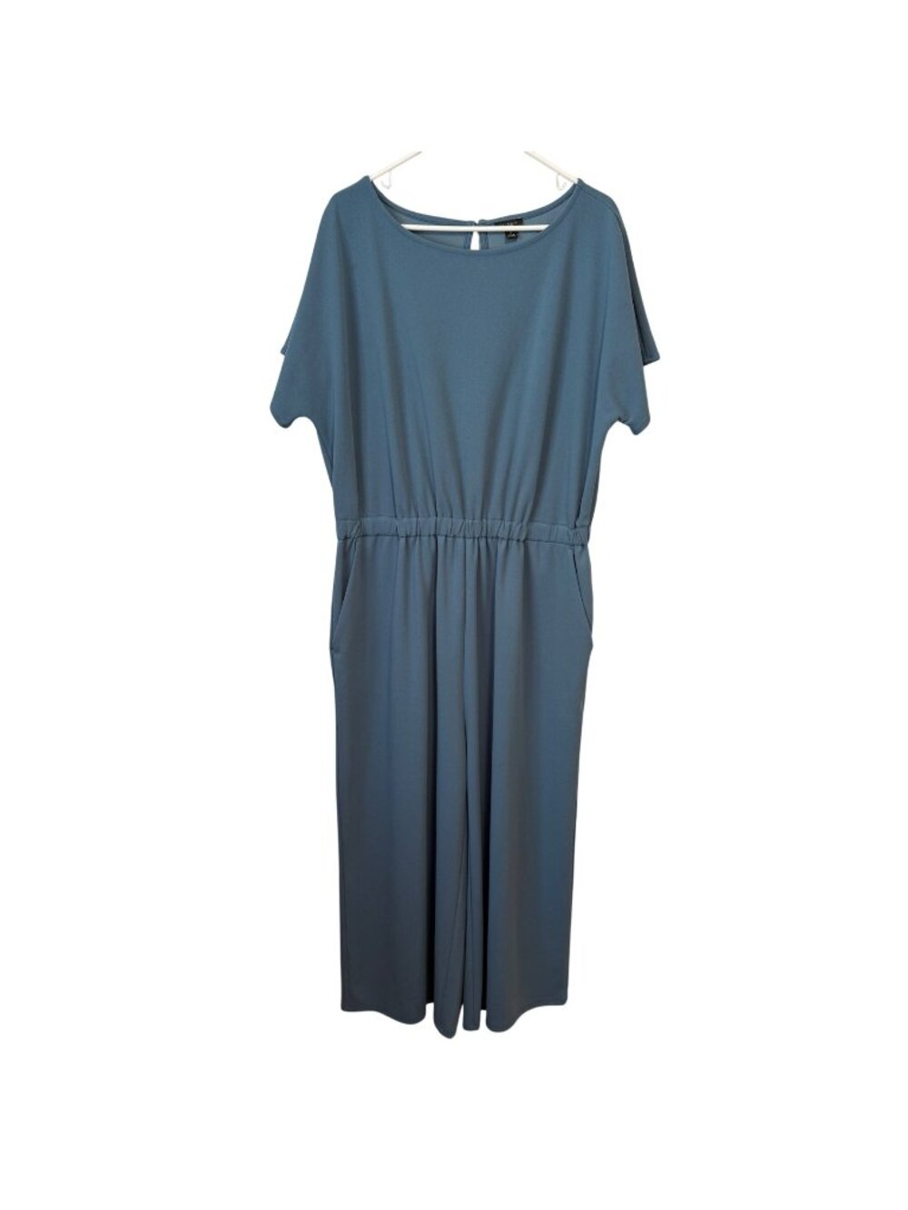 Ann Taylor Womens Blue Short Sleeve Jumpsuit Size 16 Pockets Elastic Waistband